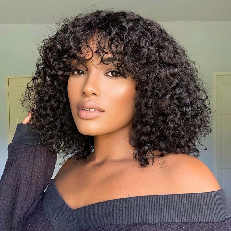 Brazilian Curly Glueless Natural Black Premium 14A Virgin Human Hair Wig