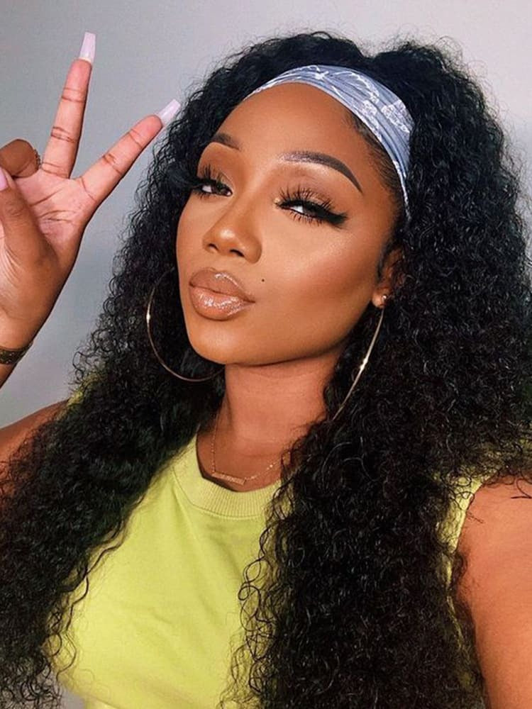 Brazilian Curly Headband Natural Black Classic 12A Virgin Human Hair Wig