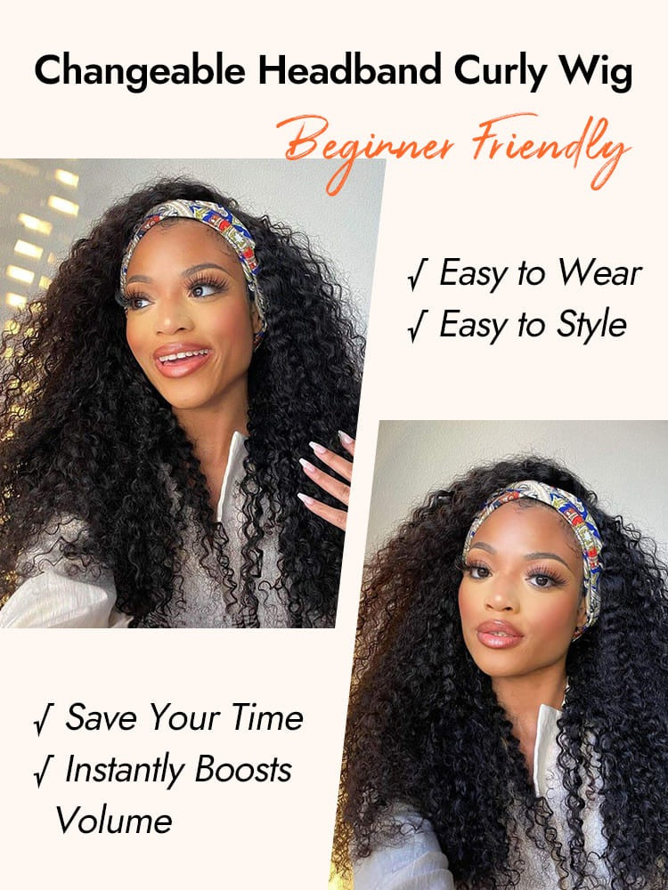 Brazilian Curly Headband Natural Black Classic 12A Virgin Human Hair Wig