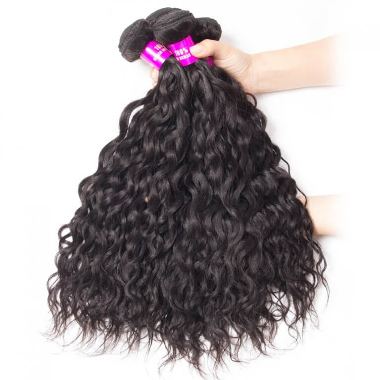 Peruvian Water Wave Human Hair Weave Natural Black 4 Bundles with 5x5 Lace Closure Grade 15A