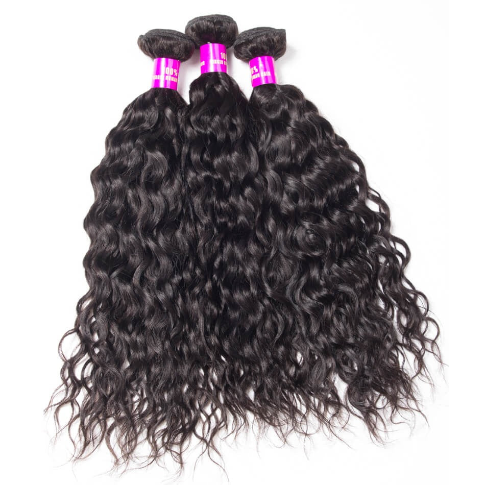 Peruvian Water Wave Human Hair Weave Natural Black 3 Bundles with HD Lace Frontal Grade 15A