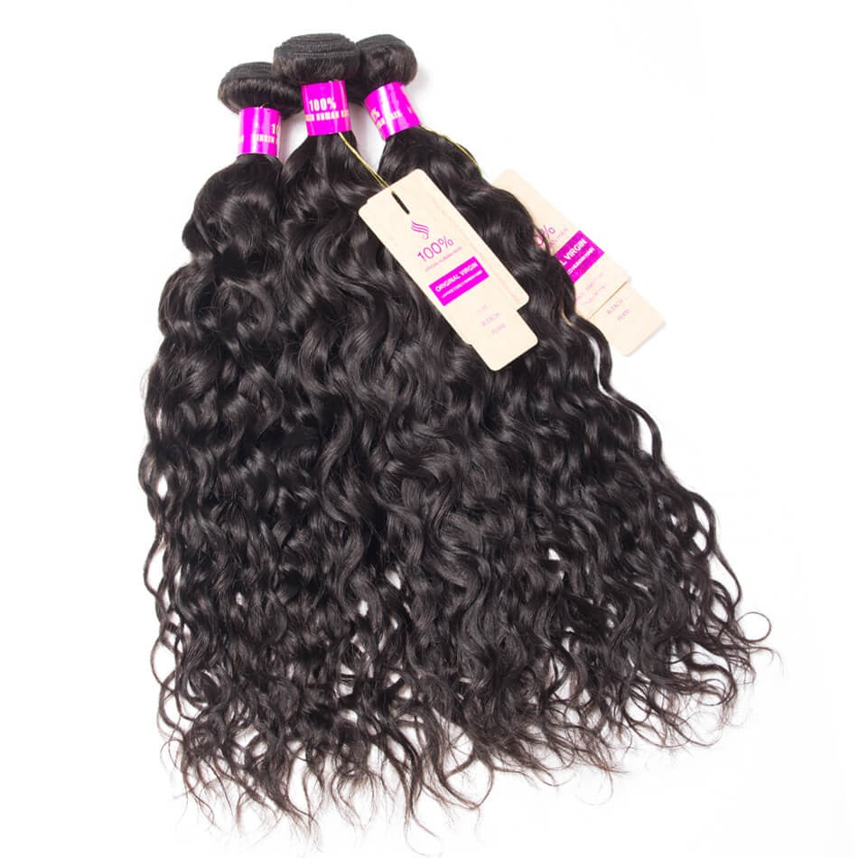 Peruvian Water Wave Human Hair Weave Natural Black 4 Bundles with 5x5 Lace Closure Grade 15A
