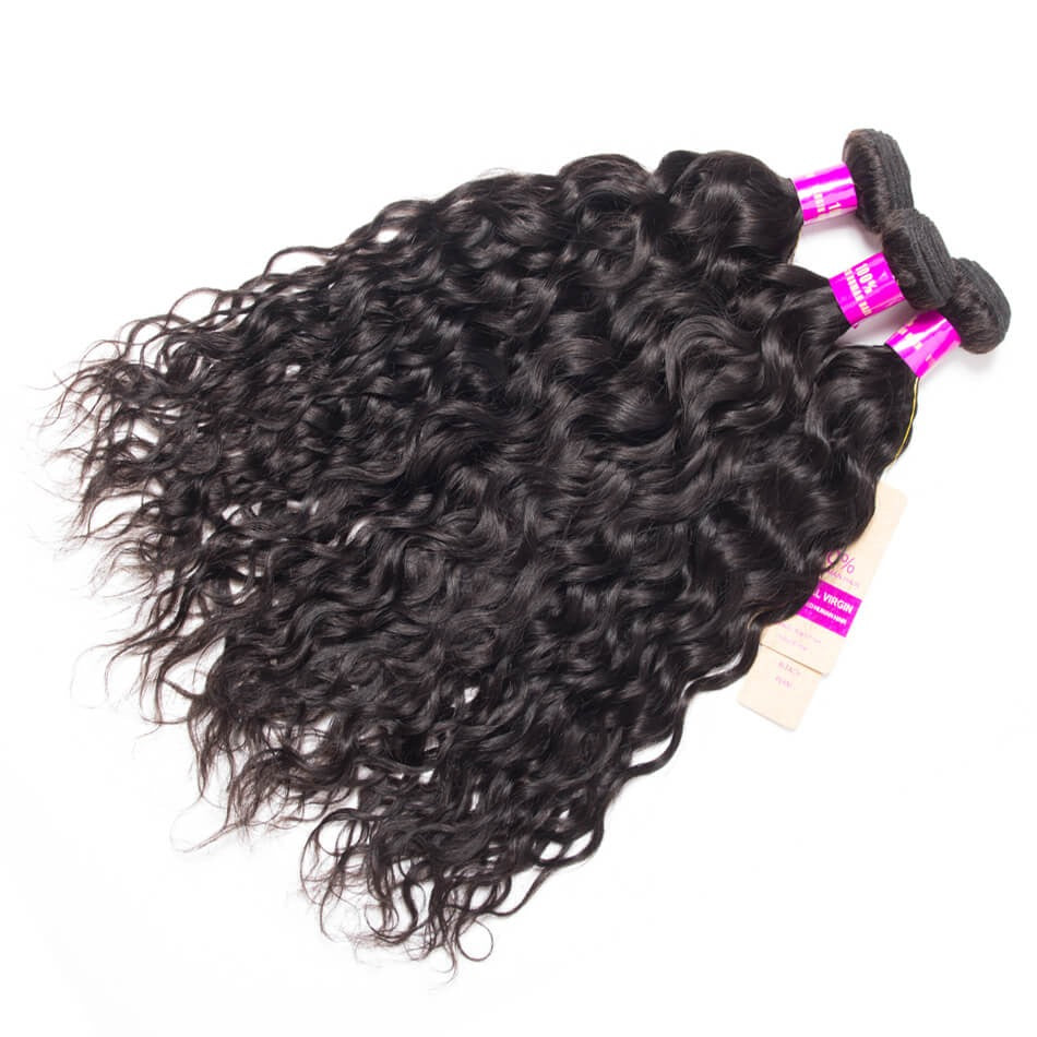 Peruvian Water Wave Human Hair Weave Natural Black 4 Bundles with 5x5 Lace Closure Grade 15A